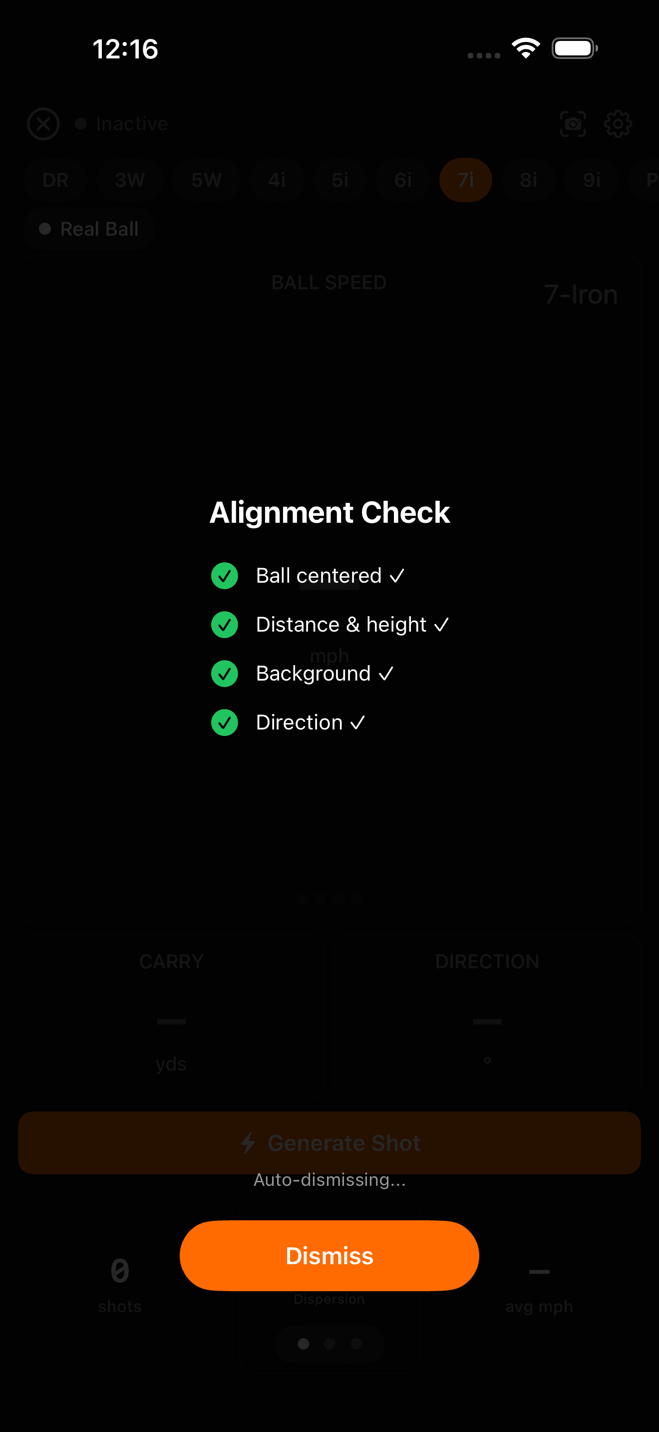 Alignment check showing ball centered, distance, background, and direction all confirmed with green checkmarks