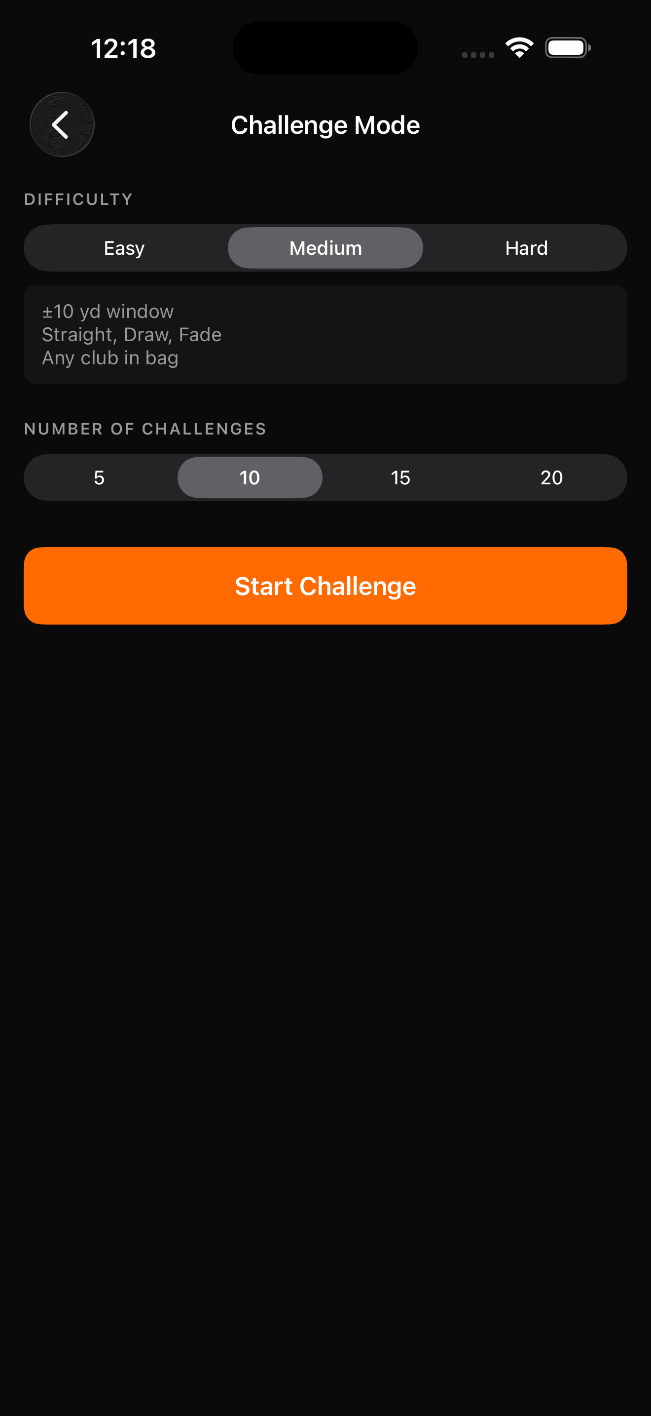 Challenge Mode screen with difficulty selector and challenge count