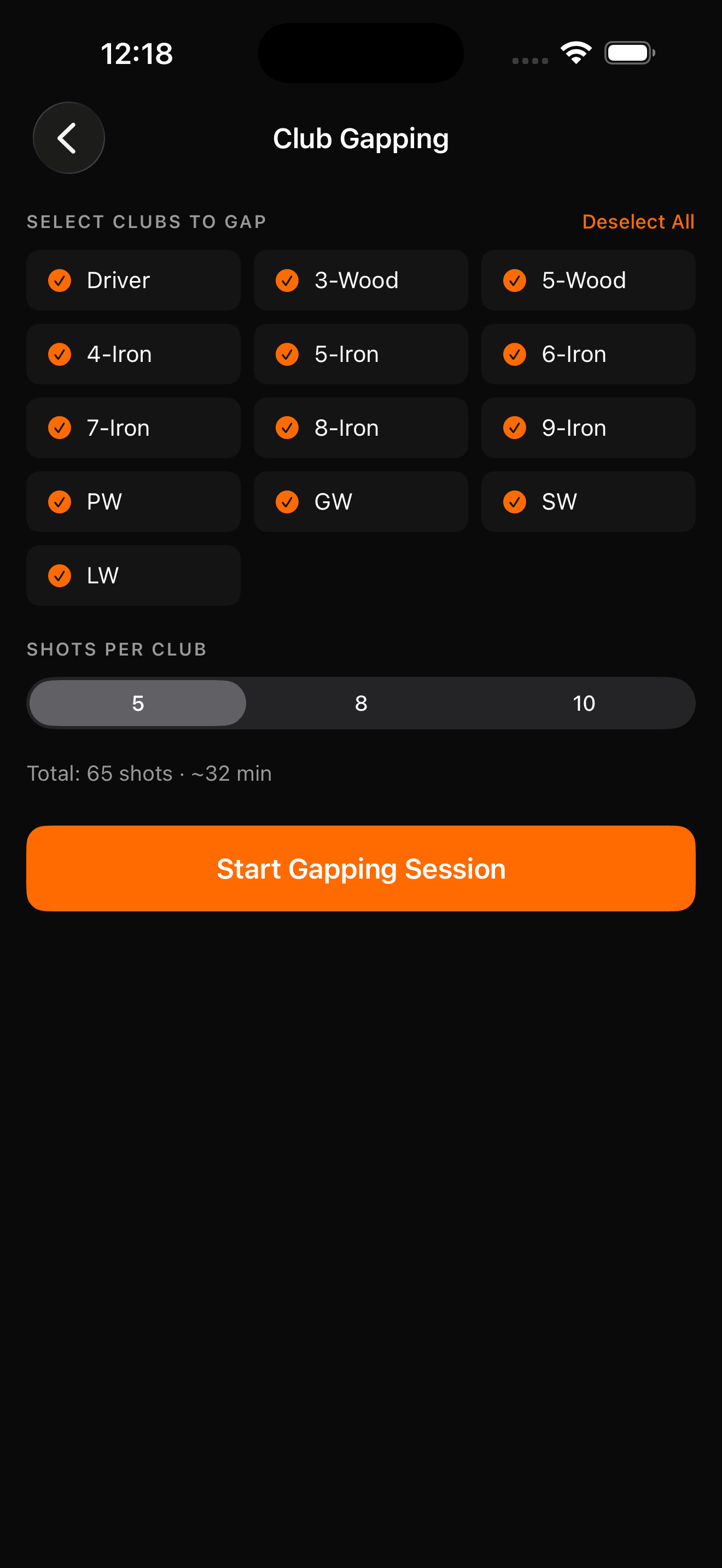 Club Gapping screen with full bag selection, shots per club, and total time estimate