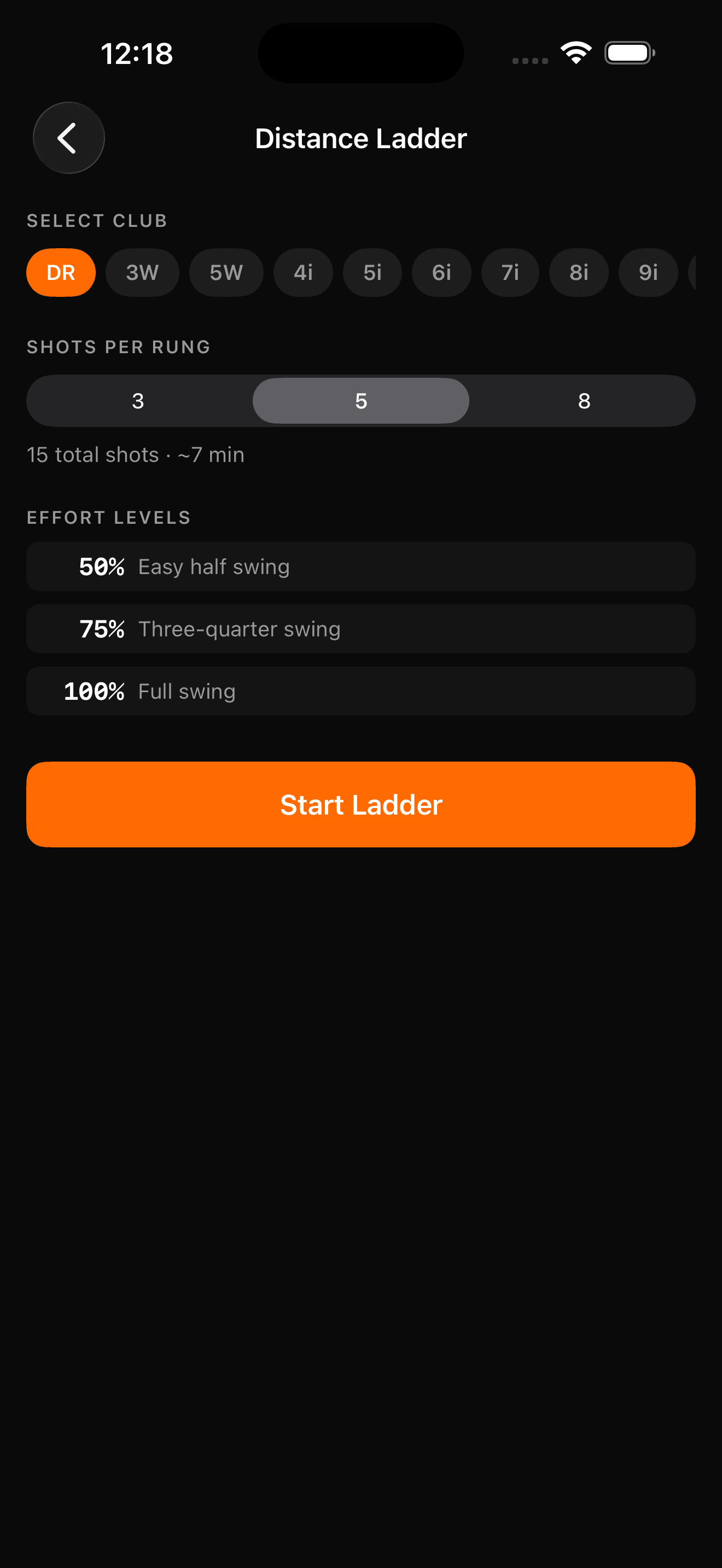 Distance Ladder screen showing 50%, 75%, and 100% effort levels