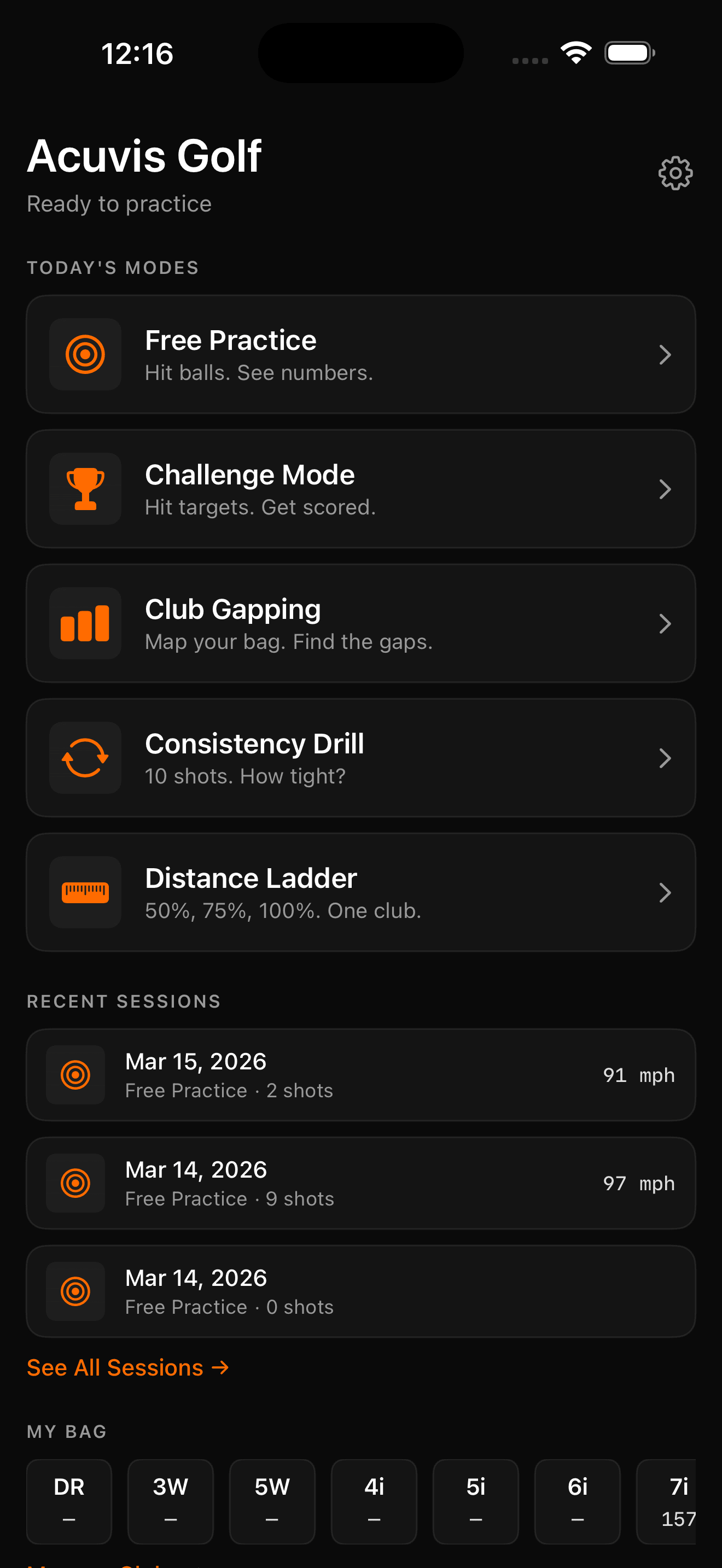 Acuvis Golf home dashboard showing five practice modes and recent sessions