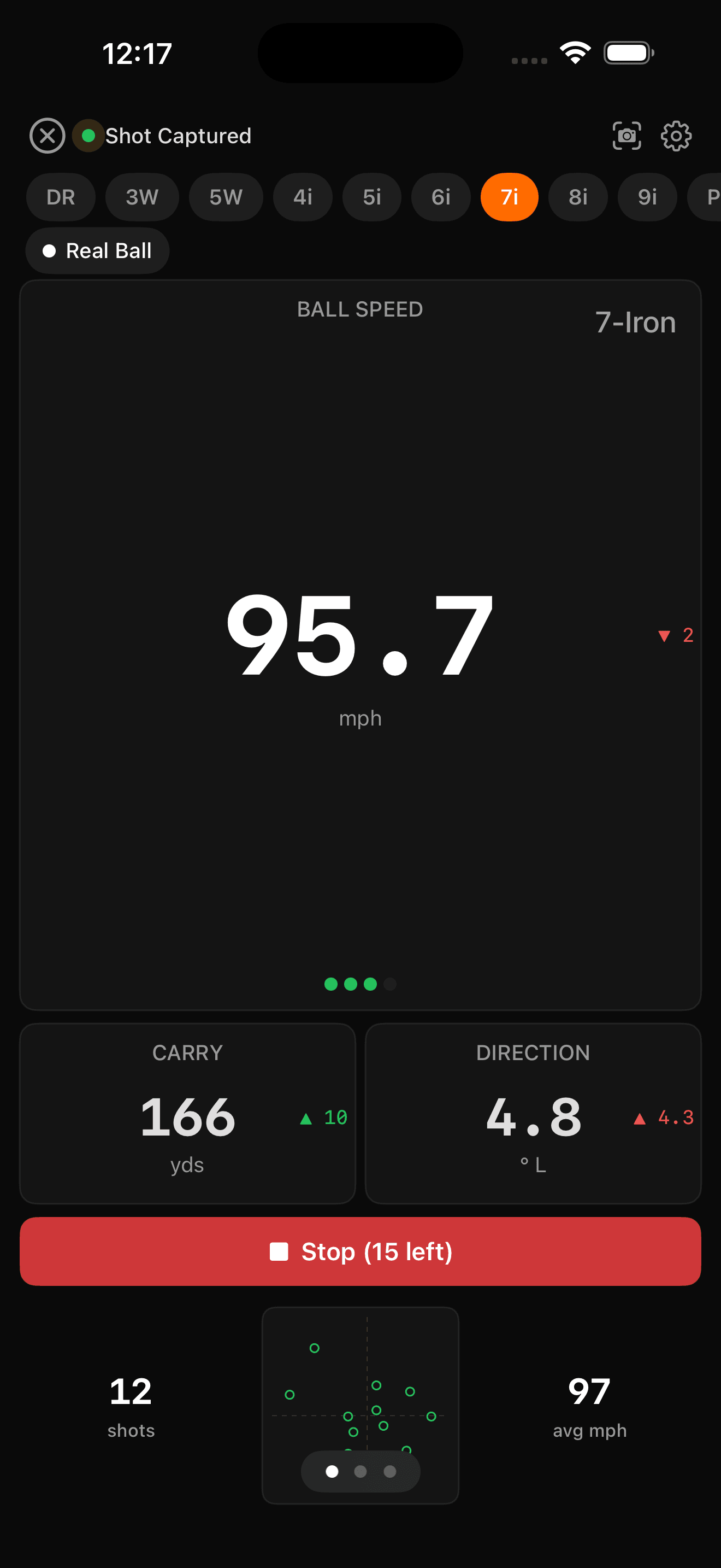 Live session showing 95.7 mph ball speed, 166 yard carry, direction arrow, and mini dispersion plot