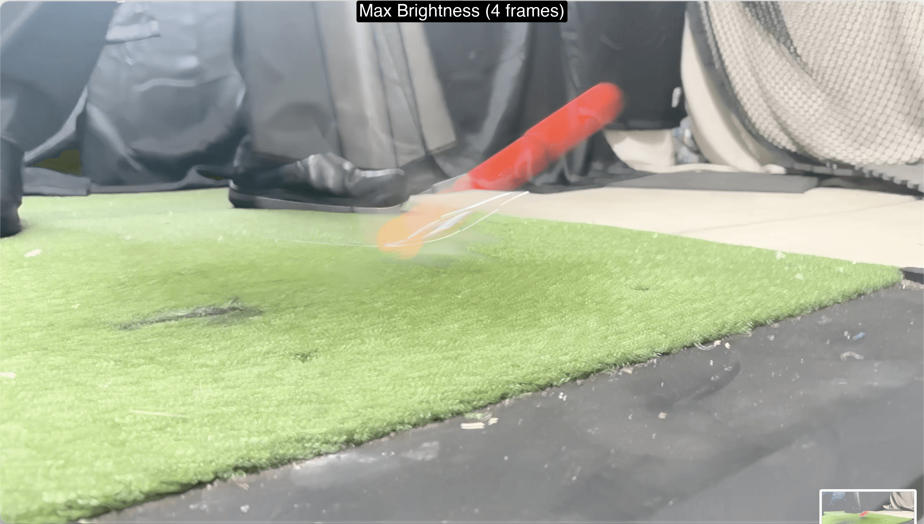 Max brightness composite of five 240fps frames showing ball trajectory arc and club path through impact