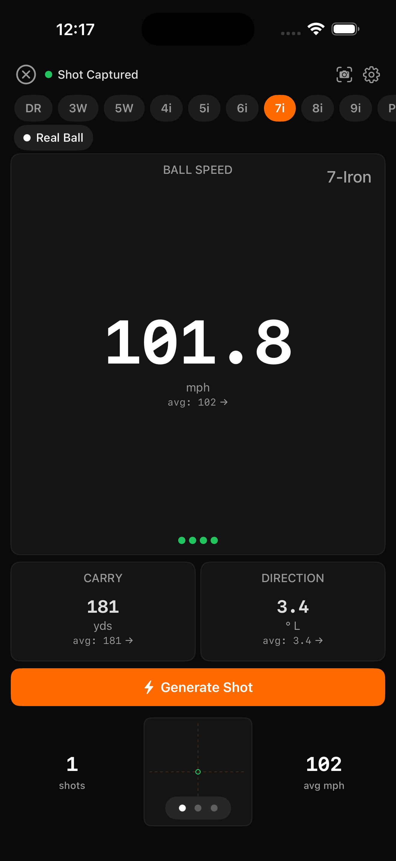 Acuvis Golf showing 101.8 mph ball speed, 181 yard carry, and 3.4° direction for a 7-Iron shot